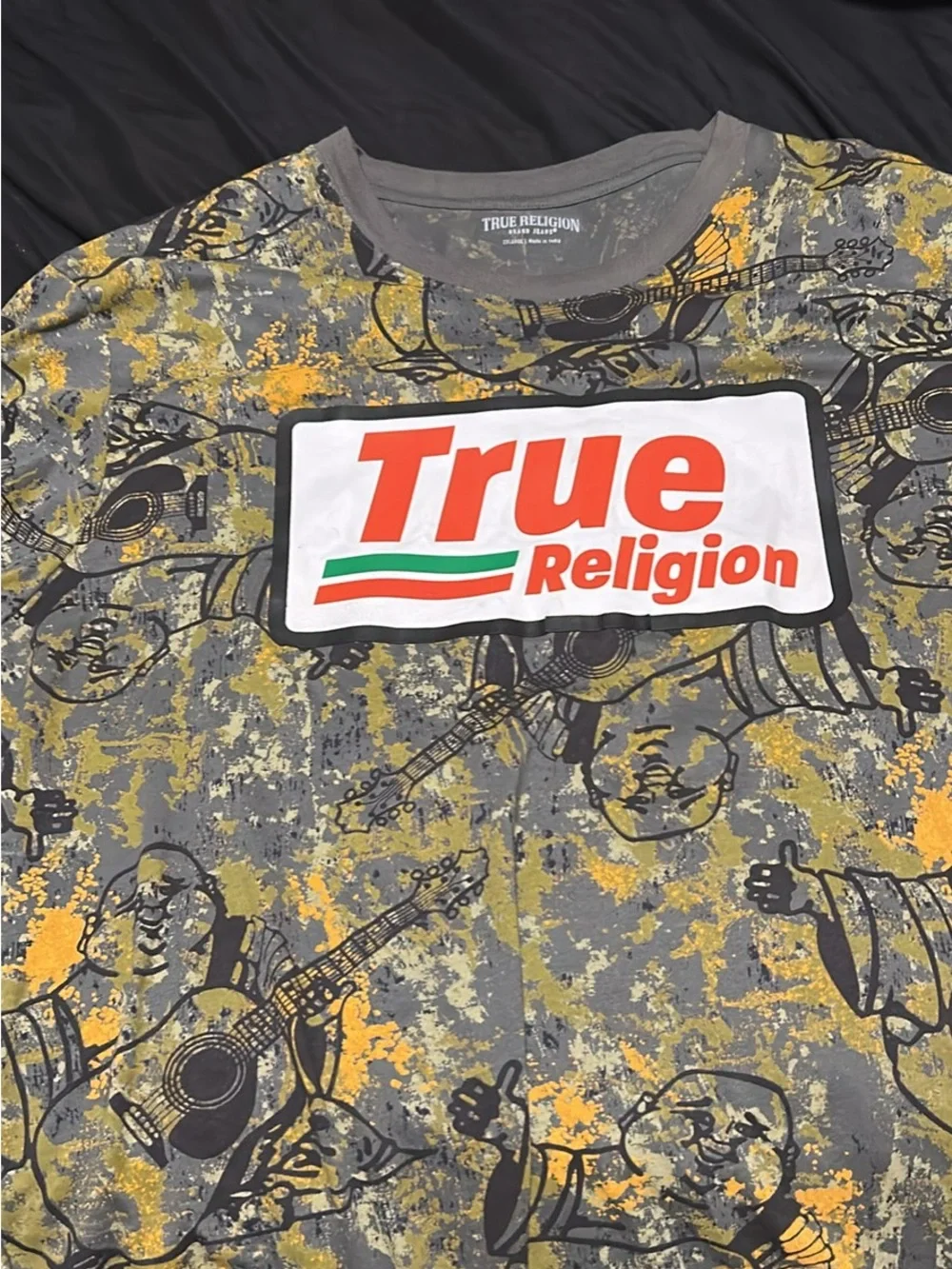 True Religion Gray Graphic Tee with Yellow Accents and Red Logo